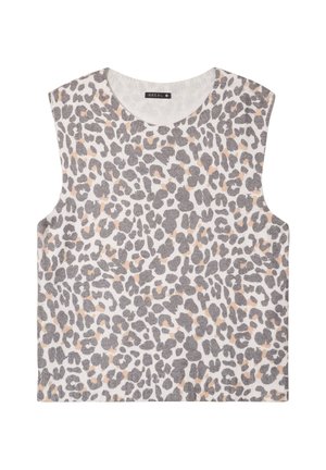 Ärmelloses Top aus leichtem Material mit grauem Leopardenmuster und beigen Akzenten. Rundhalsausschnitt, lockere Passform und gerader Saum.