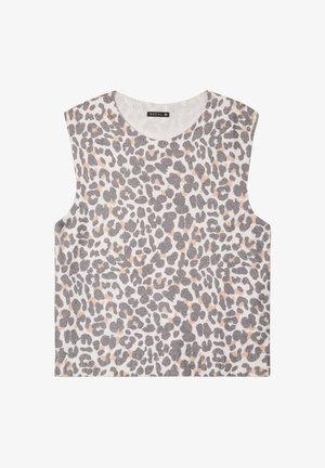 Mouwloos topje van lichte stof met een grijs panterprint en beige accenten. Ronde halslijn, comfortabele pasvorm en rechte zoom.