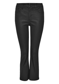 Svarta utsvängda jeans i denim, med en slät yta, framfickor och en klassisk knäppning med knapp vid midjan.