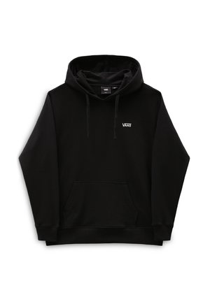 Black hoodie made of soft fabric, featuring a front kangaroo pocket, adjustable drawstring hood, and small white Vans logo on the chest.