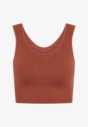 Rozsdabarna, zökkenőmentes sportmelltartó, mély kivágással, textúrált bordázott mintával és közepes tartást biztosító kialakítással. Ideális aktív viselethez.