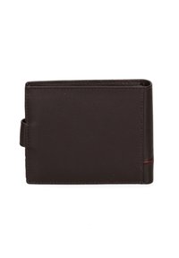 Portafoglio in pelle marrone con un design rettangolare elegante, texture liscia e un accento rosso sottile sul lato.
