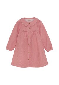 Rot-weiß gestreifter Kleid mit langen Ärmeln, einem großen Kragen und Holzknöpfen an der Vorderseite. Weicher, glatter Stoff mit lockerer Passform.