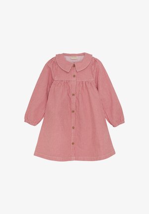 Rot-weiß gestreifter Kleid mit langen Ärmeln, einem großen Kragen und Holzknöpfen an der Vorderseite. Weicher, glatter Stoff mit lockerer Passform.