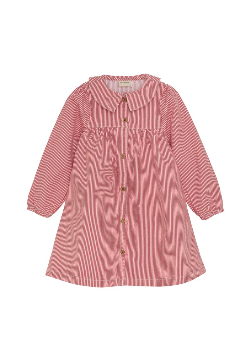 Rot-weiß gestreifter Kleid mit langen Ärmeln, einem großen Kragen und Holzknöpfen an der Vorderseite. Weicher, glatter Stoff mit lockerer Passform.
