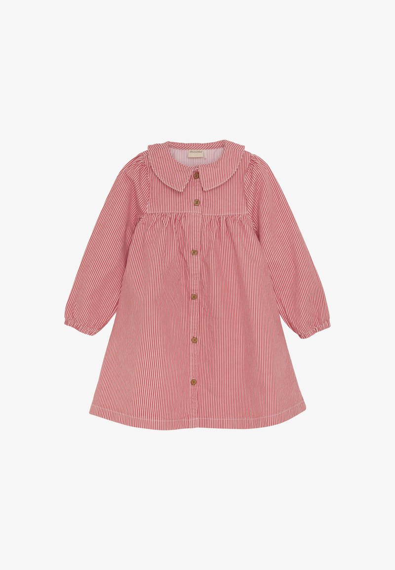 Red and white striped dress with long sleeves, a large collar, and wooden buttons down the front. Soft, smooth fabric with a relaxed fit.