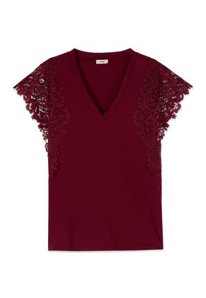 Oltre, T-SHIRT SCOLLO A V CON PIZZO - T-shirts print - bordeaux
