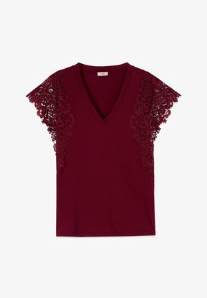 Oltre, T-SHIRT SCOLLO A V CON PIZZO - T-shirts print - bordeaux