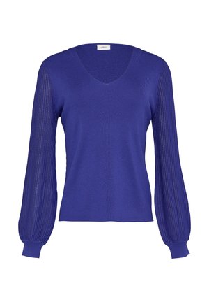 Pull en tricot violet avec un col en V, des manches longues à côtes et une coupe ajustée. Texture douce avec un motif de tissage uniforme.