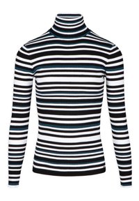 Zwart-wit gestreepte coltrui met blauwe accenten. Heeft een geribbelde textuur en een aansluitend ontwerp met lange mouwen.