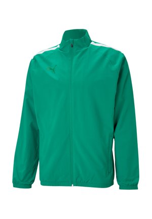 Giacca sportiva verde realizzata in materiale leggero. Caratterizzata da un colletto alto, chiusura con zip e dettagli bianchi sulle spalle.