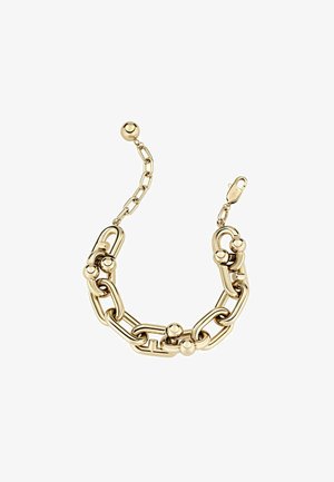 Złota bransoletka łańcuszkowa z połączonymi segmentami łańcucha oraz kulistymi akcentami, z zapięciem i regulowaną długością łańcucha.