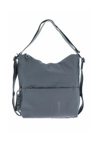 Sac à épaule synthétique gris avec une surface texturée, une bandoulière réglable, un dessus zippé et une poche avant avec un logo subtil.