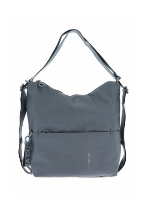Sac à épaule synthétique gris avec une surface texturée, une bandoulière réglable, un dessus zippé et une poche avant avec un logo subtil.