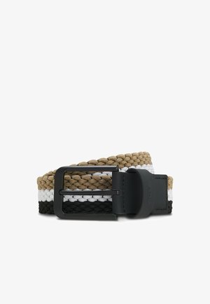 Cintura intrecciata con fibbia in metallo nero, con strisce orizzontali nei colori beige, bianco e nero, arrotolata con la fibbia rivolta in avanti.