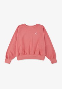 Rozā džemperis ar gariem piedurknēm, apaļo kakla izgriezumu un ribotām malām. Priekšpusē ir neliels balts Jordans logo. Mīksts, teksturēts audums.