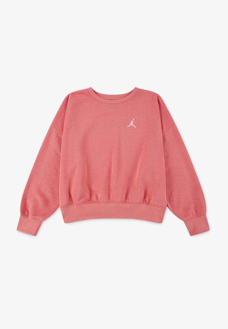 Rozā džemperis ar gariem piedurknēm, apaļo kakla izgriezumu un ribotām malām. Priekšpusē ir neliels balts Jordans logo. Mīksts, teksturēts audums.