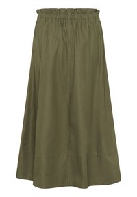 Gonna midi verde oliva con cintura elasticizzata, texture liscia e silhouette svasata. Presenta un dettaglio sull'orlo nella parte inferiore.