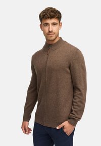 Pull en maille marron avec un col zippé, des poignets et un ourlet côtelés. Présente une texture lisse et un petit détail en cuir près du zip.