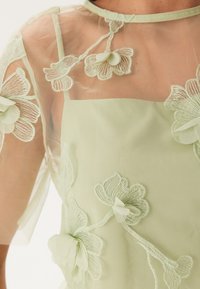 Hellgrüne Bluse aus transparentem Stoff mit floralem Stickmuster und Stoffblumen. Sie hat einen quadratischen Ausschnitt und kurze, puffärmel.