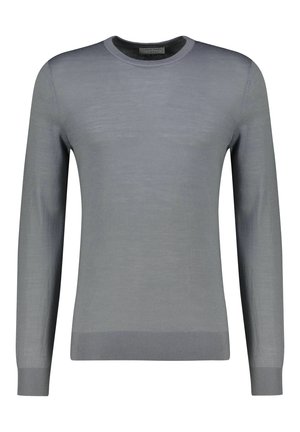 Herrenpullover in Hellgrau mit langem Arm und Rundhalsausschnitt, mit gerippten Bündchen an Ärmeln und Saum, aus feinem Strickstoff gefertigt.