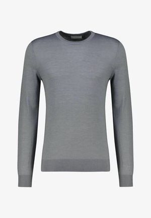 Herrenpullover in Hellgrau mit langem Arm und Rundhalsausschnitt, mit gerippten Bündchen an Ärmeln und Saum, aus feinem Strickstoff gefertigt.