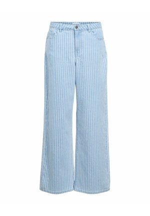 Jeans bleu clair taille haute à jambes larges avec fines rayures verticales blanches, boutons à l'avant et poches.