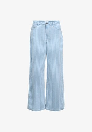 Jeans azzurri chiaro a vita alta con gambe larghe, righe bianche verticali, bottoni frontali e tasche.