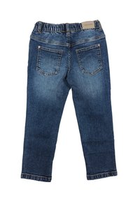 Jeans in denim di un blu medio con una leggera finitura sbiadita. Vita elasticizzata, due tasche posteriori e cuciture a contrasto. Forma aderente.