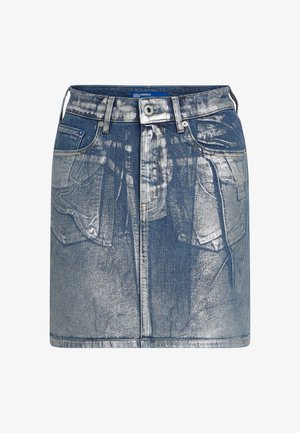 Heledsinine denim mini-seelik, millel on tuhm tekstuur. Omab esipockete, vöölukke ja metallist nööbikinnitust. Nähtavad õmblusdetailid.