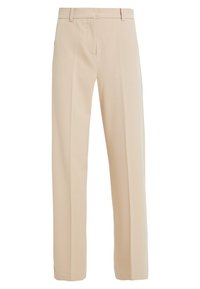 Pantalon beige sur mesure avec passants pour ceinture, poches avant et jambes droites pincées, adapté pour une tenue formelle ou professionnelle.