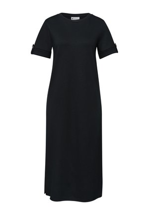Sort midi kjole med korte ærmer, rund halsudskæring og knappede ærmekanter, lige pasform, ensfarvet design og et lille sideslids.