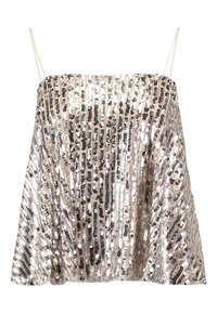 Strapless silverpaljettopp med tunna beige spagettistänger och ett glittrande vertikalt randigt mönster.