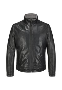 Schwarze Lederjacke mit hohem Kragen, vorderem Reißverschluss und glatter Textur. Mit seitlichen Taschen und gesteppten Akzenten auf den Schultern.