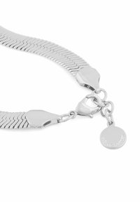 Silverfärgad kedjehalsband med en flexibel design, som har sammanlänkade länkar och en klonklämma. Inkluderar en liten rund logotagg.