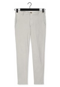 Light gray chinos with a slightly fitted design, made from cotton, featuring front pockets, a single button closure, and belt loops.