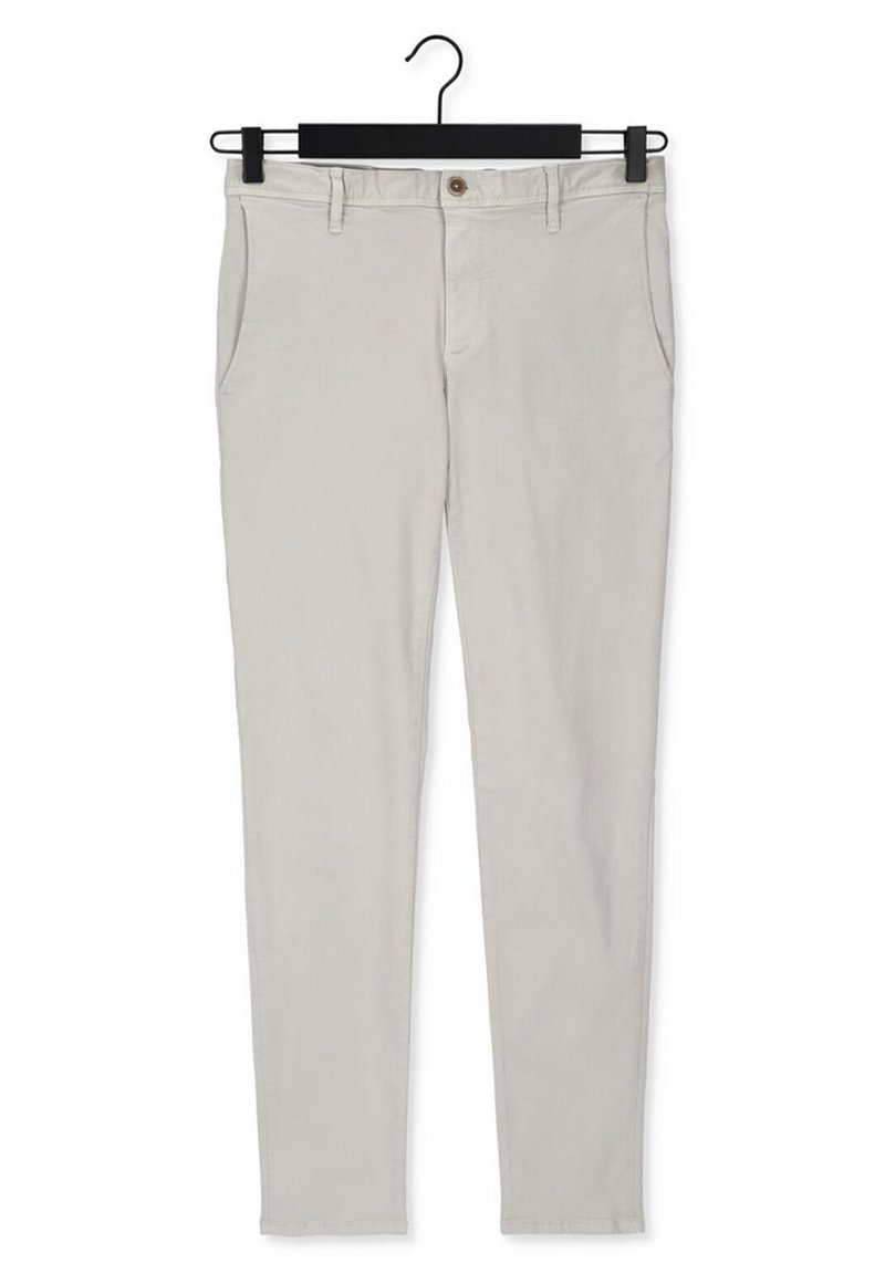 Light gray chinos with a slightly fitted design, made from cotton, featuring front pockets, a single button closure, and belt loops.