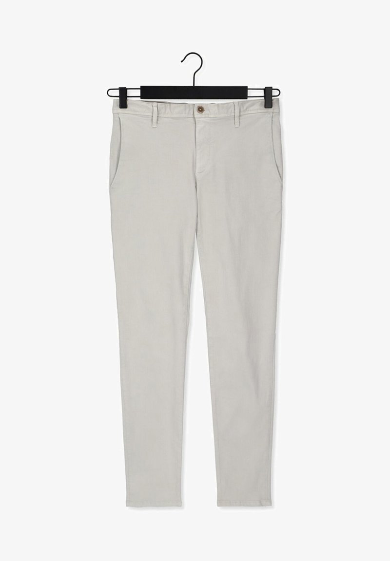Light gray chinos with a slightly fitted design, made from cotton, featuring front pockets, a single button closure, and belt loops.