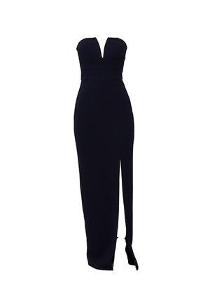 Rochie de seară bleumarin, fără bretele, cu decolteu adânc în V, corp mulat și o crăpătură până la coapsă pe o parte. Material neted, elastic.