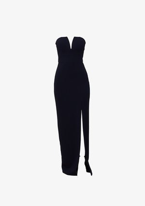 Rochie de seară bleumarin, fără bretele, cu decolteu adânc în V, corp mulat și o crăpătură până la coapsă pe o parte. Material neted, elastic.