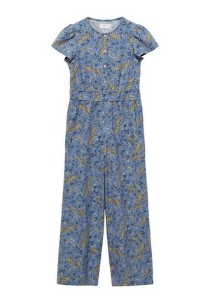 Modrý bavlněný overal s krátkými rukávy, elastickým pasem a zapínáním na knoflík. Má květinový a pávový vzor po celém povrchu.