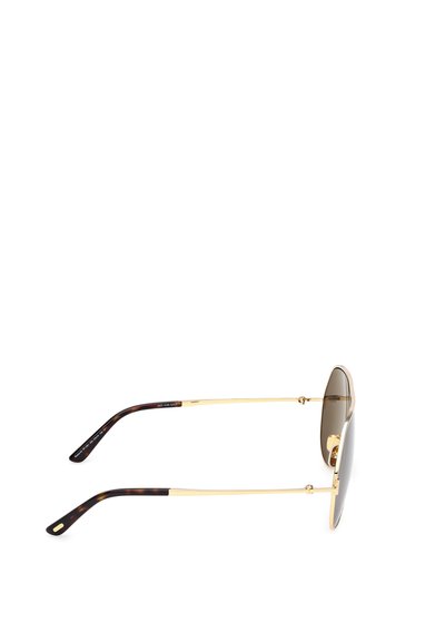 Sluneční brýle se zlatým kovovým rámem, tmavými zrcadlovými skly a rámy s želvovinovým akcentem, které mají elegantní tvar a lehký design.