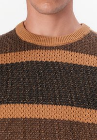 Gebreide trui met horizontale strepen in bruin, donkerbruin en beige. Ronde halslijn, textiel met een licht losse weving.