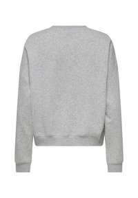 Sudadera de manga larga de color gris claro vista desde atrás, con puños y dobladillo acanalados y un cuello redondo.