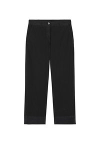 Černé bavlněné kalhoty se přímým střihem, s předními kapsami a zapínáním na knoflík. Hladká textura s jednoduchým designem a bez vzorů.
