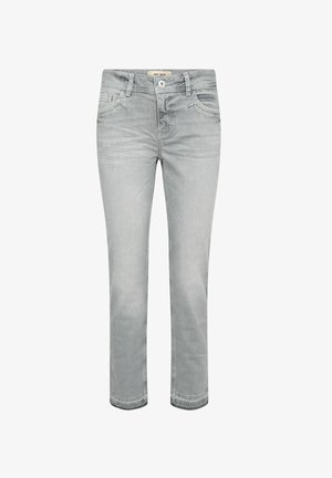 Džínové kalhoty světle šedé barvy s rovnými nohavicemi, zapínáním na knoflíky, poutky na pásek, kapsami vpředu i vzadu a jemnými vybledlými detaily.