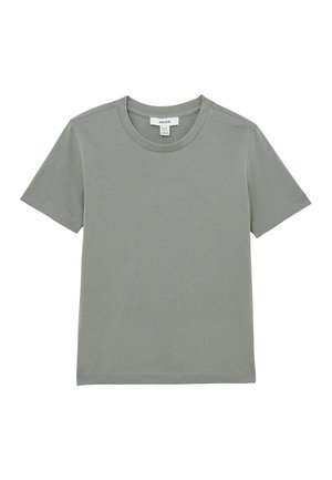 Tricou simplu cu mâneci scurte, de culoare verde mat, așezat pe plan orizontal, cu fața în sus și tivuri cusute.