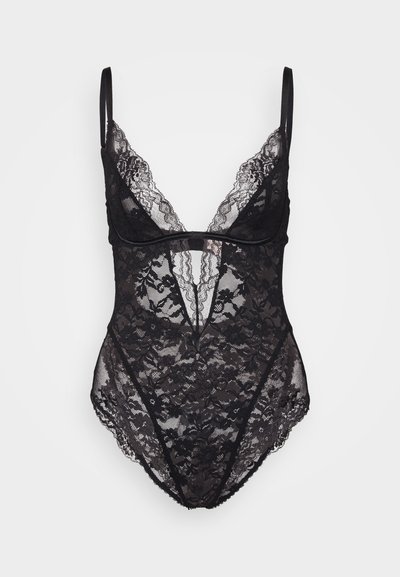 Body de renda preta com um decote profundo, alças ajustáveis e padrão floral. Material transparente com detalhes intrincados em rendas.
