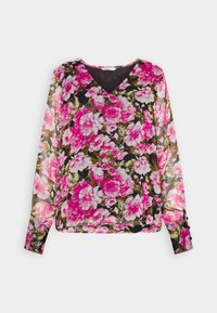 Blusa floreale con scollatura a V, che presenta grandi rose rosa su uno sfondo nero, maniche lunghe e dettagli con bottoni sui polsini.