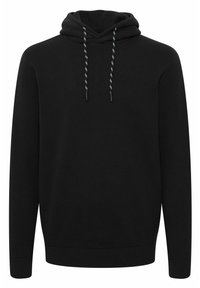 Zwarte hoodie met een gestructureerde stof, voorzien van zwart-witte trekkoorden, ribgebreide manchetten en een eenvoudig ontwerp.